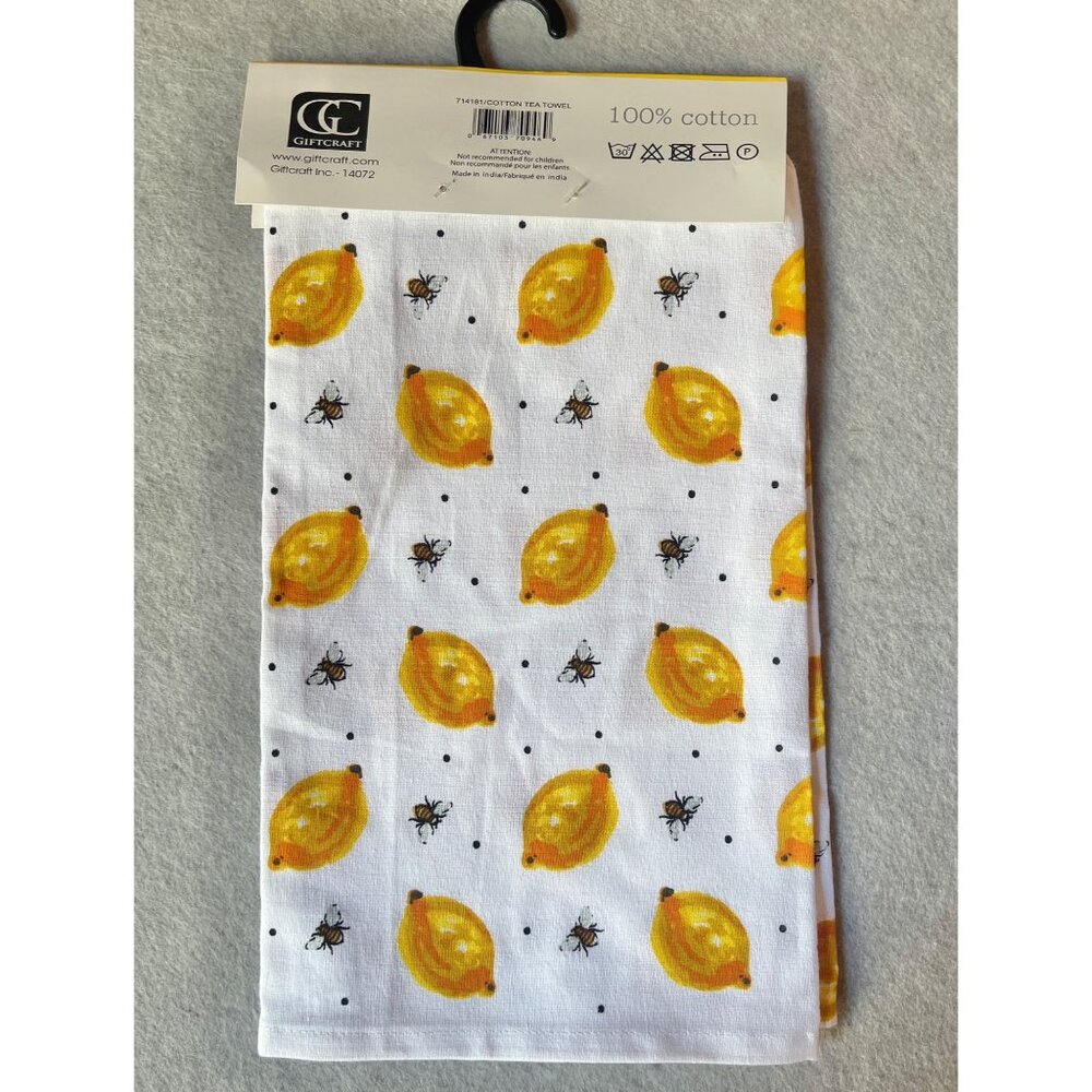 Gift Craft Summer Fresh Lemon & Bee Printed Tea Towel 100% Cotton 27x 25 NWT